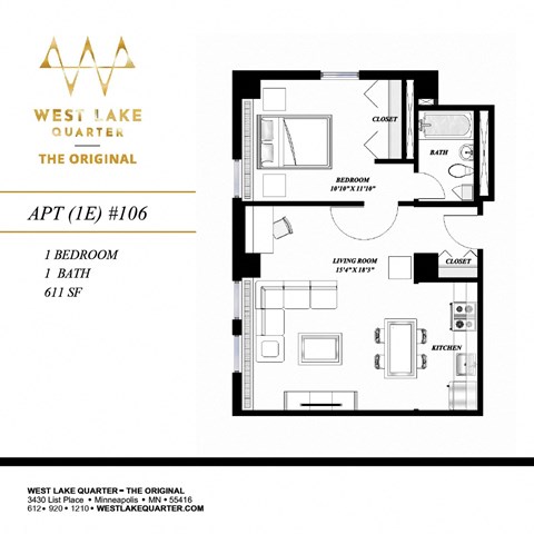 Floor plan for 1 bed, 1 bath, 620 sqft